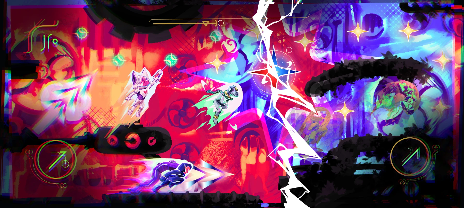 Ein erster Einblick in das Spiel SuperTracers, in dem verschiedene Charaktere in einem Level zu sehen sind, die ein Rennen gegeneinander bestreiten.